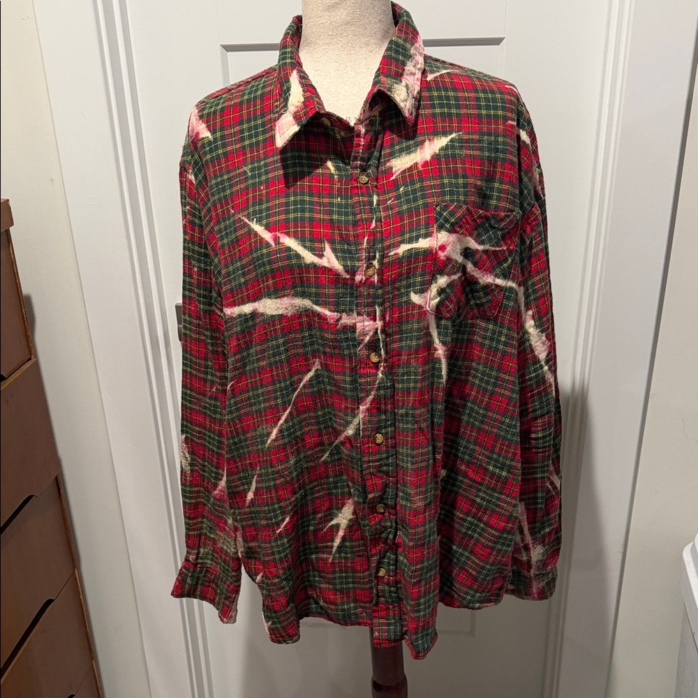 Women's Red and Green Plaid Button-Down Shirt with Distressed Accent